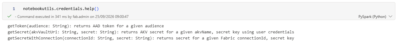 Sortie de notebookutils.credentials.help() : getToken, getSecret et getSecretWithConnection