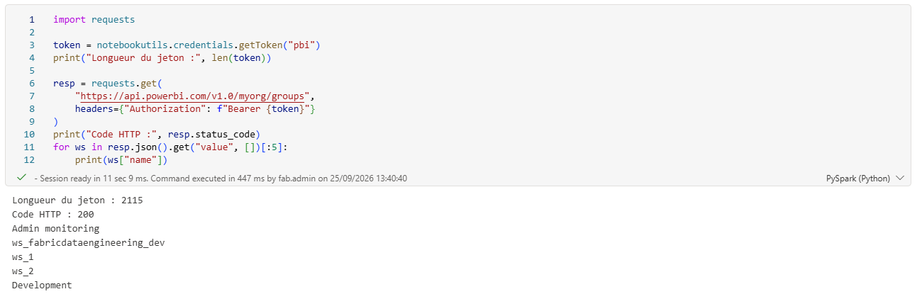getToken(“pbi”) puis appel de l’API groups : code 200 et liste des workspaces de l’utilisateur