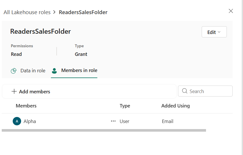 Alpha est le seul membre du rôle ReadersSalesFolder