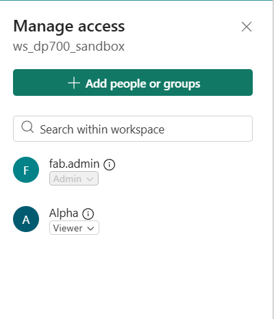 Le panneau Manage access du workspace : fab.admin en Admin, Alpha en Viewer