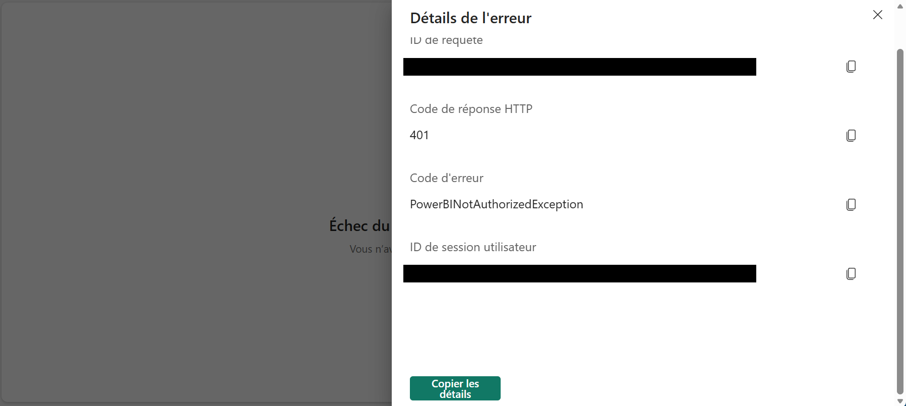 Erreur 401 PowerBINotAuthorizedException affichée à Alpha sans rôle de workspace