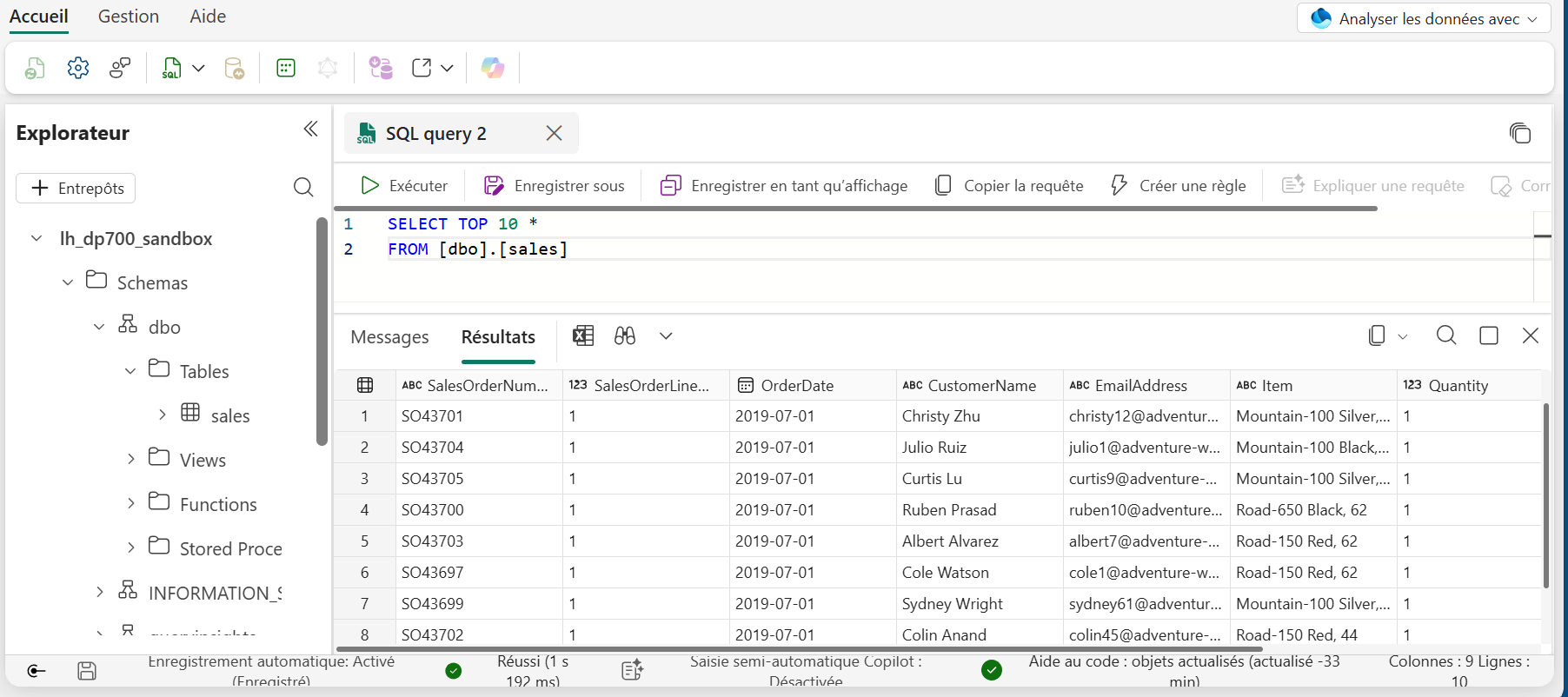Alpha interroge la table sales via le point de terminaison SQL et obtient des lignes
