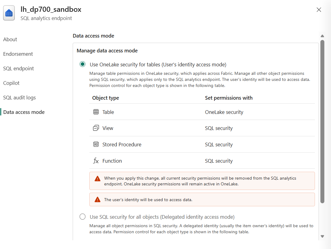 Le choix du mode User’s identity et ses avertissements
