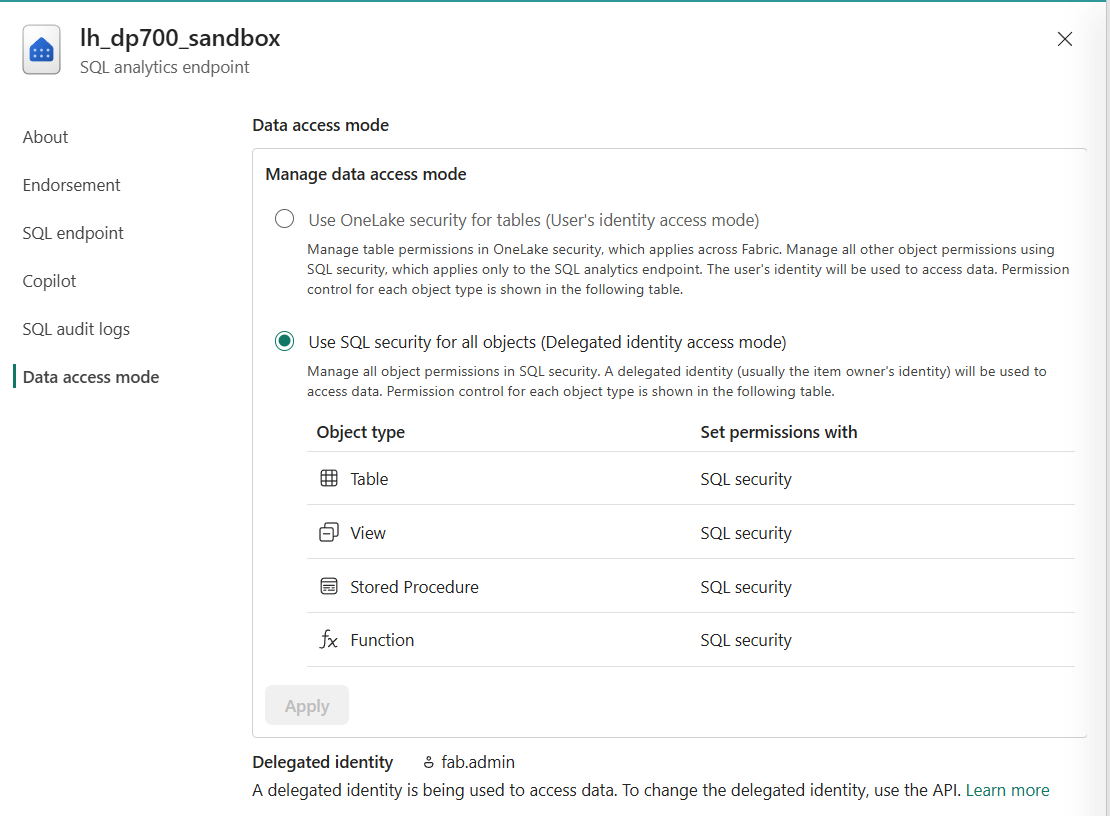 Paramètres du point de terminaison SQL : mode Delegated identity, identité déléguée fab.admin